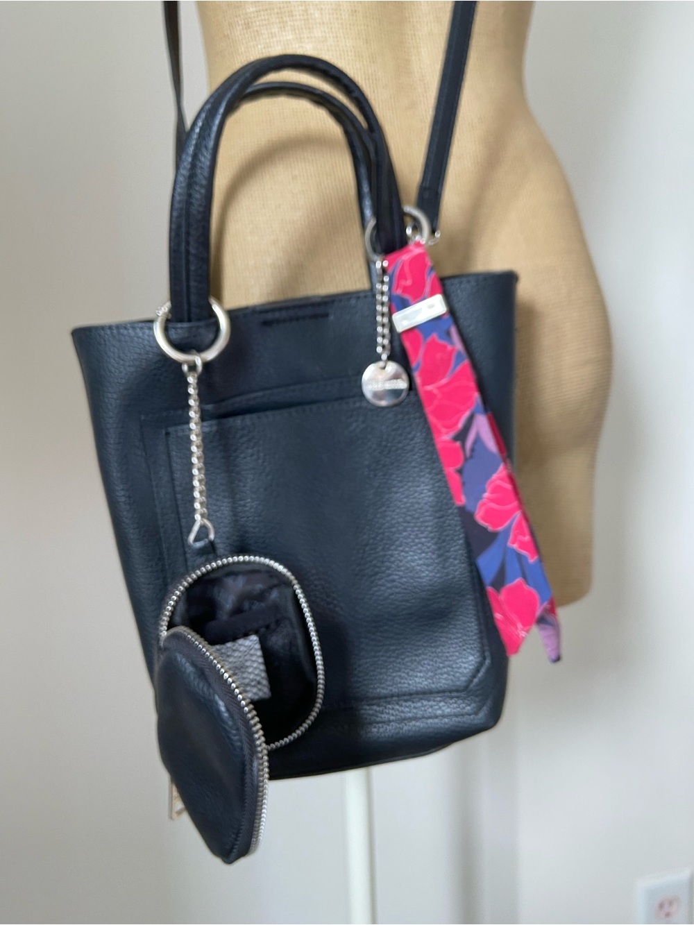Steve Madden Black Crossbody Tote with Pink Floral Strap Accent